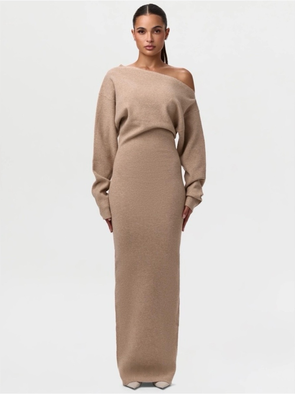 Naked Wardrobe Knit Off-Shoulder Sweater Maxi Dress Taupe